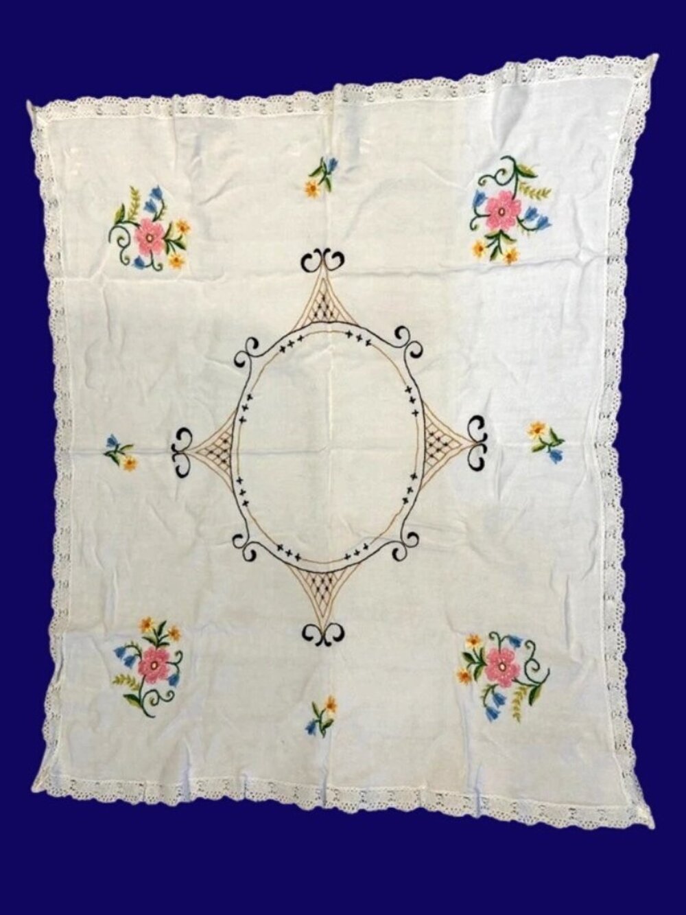 Vintage Embroidered Table Topper 24x30 Floral Lace Cottagecore Handmade